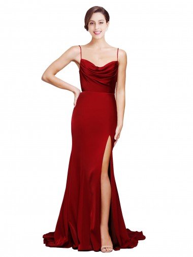 Best Cowl Front Neck Sweep Train Stretch Satin Prom Dress with High Side Split UK