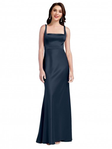 Best Square Neck A-Line Long Stretch Satin Prom Dress with Wide Straps UK