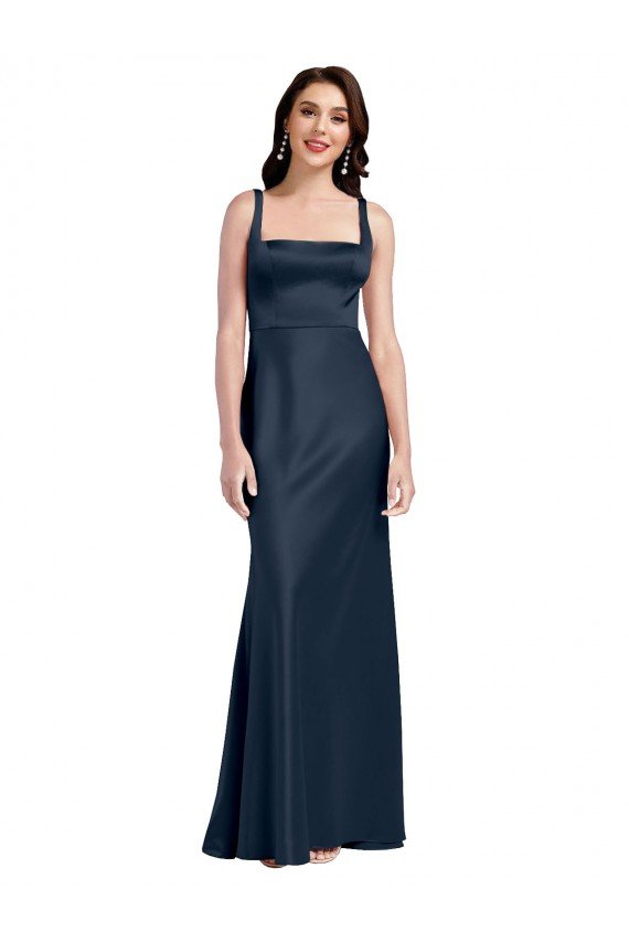 Best Square Neck A-Line Long Stretch Satin Prom Dress with Wide Straps UK