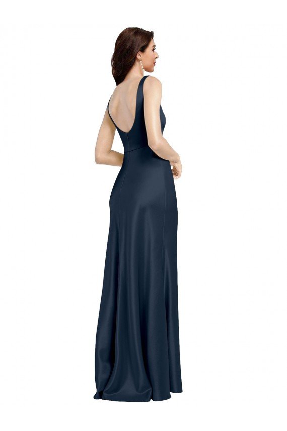 Best Square Neck A-Line Long Stretch Satin Prom Dress with Wide Straps UK