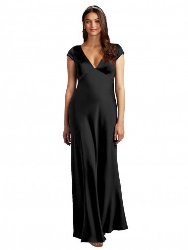 Best Plunging V-Neck Cap Cleeves Long Stretch Satin Prom Dress with Keyhole Back UK