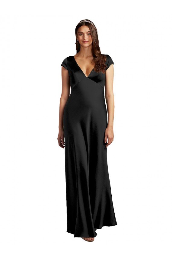 Best Plunging V-Neck Cap Cleeves Long Stretch Satin Prom Dress with Keyhole Back UK