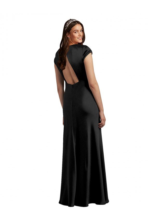 Best Plunging V-Neck Cap Cleeves Long Stretch Satin Prom Dress with Keyhole Back UK