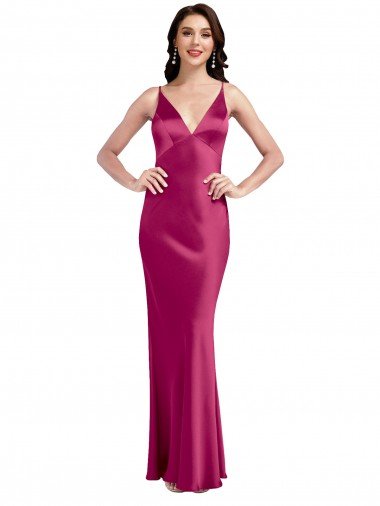 Best V-Neck Spaghetti Straps Slim Stretch Satin Prom Dress with Low Scoop Back UK