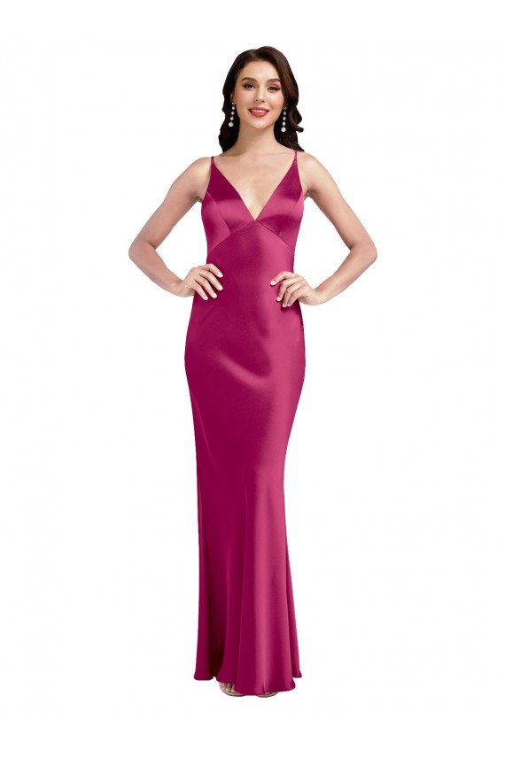 Best V-Neck Spaghetti Straps Slim Stretch Satin Prom Dress with Low Scoop Back UK