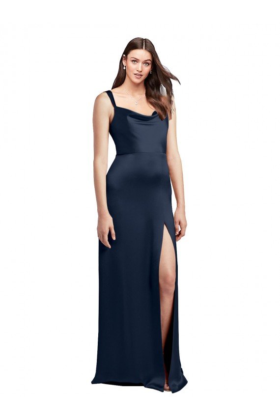 Best Cowl Neck Soft Long Stretch Satin Prom Dress with Side Slit and Pleated Straps UK