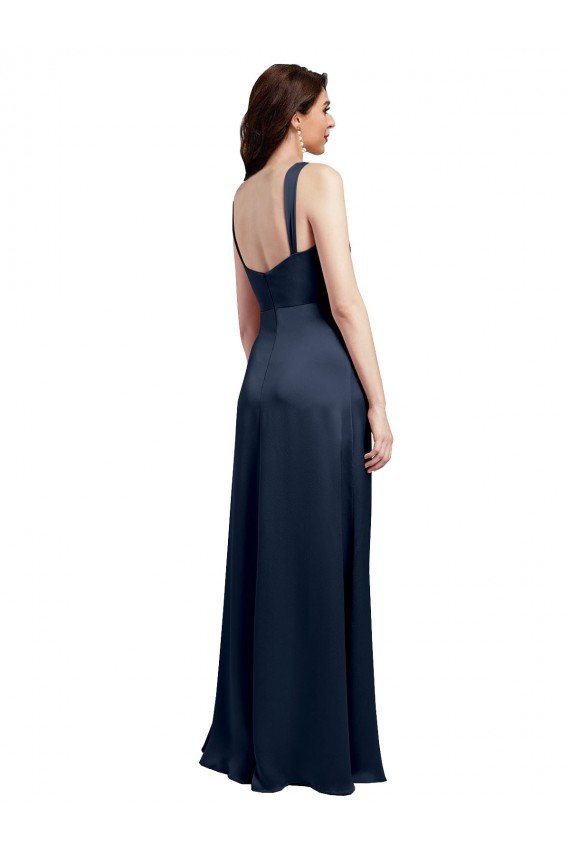 Best Cowl Neck Soft Long Stretch Satin Prom Dress with Side Slit and Pleated Straps UK