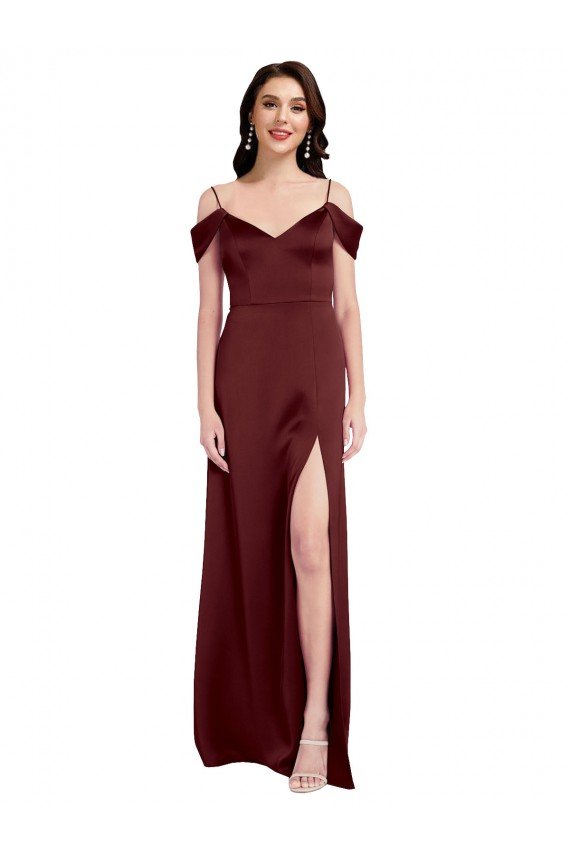 Best Draped Off the Shoulder Sleeves Slim A-Line Stretch Satin Prom Dress with Side Slit UK
