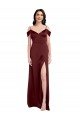 Best Draped Off the Shoulder Sleeves Slim A-Line Stretch Satin Prom Dress with Side Slit UK