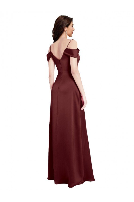 Best Draped Off the Shoulder Sleeves Slim A-Line Stretch Satin Prom Dress with Side Slit UK
