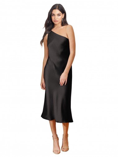 Best Sleek One Shoulder Midi Length Short Stretch Satin Slip Cocktail Prom Dress / Homecoming Dress UK