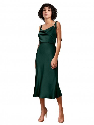 Best Spaghetti Straps Tie Shoulders Cowl Neck Short Midi Length Stretch Satin Cocktail Prom Dress / Homecoming Dress UK