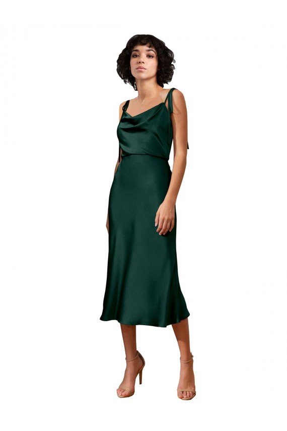 Best Spaghetti Straps Tie Shoulders Cowl Neck Short Midi Length Stretch Satin Cocktail Prom Dress / Homecoming Dress UK