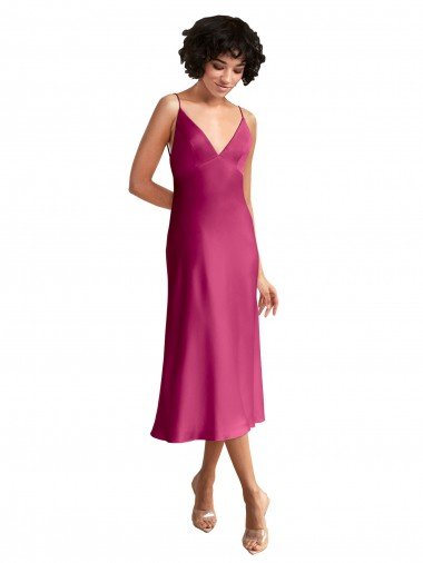 Best Midi Length V-Neck Short Stretch Satin Cocktail Prom Dress / Homecoming Dress with Low Scoop Back UK