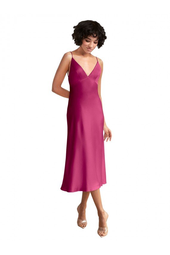 Best Midi Length V-Neck Short Stretch Satin Cocktail Prom Dress / Homecoming Dress with Low Scoop Back UK