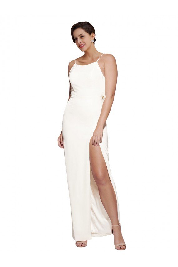 Best High Neck Stretch Satin Prom Dress with Low Back and Side Slit UK