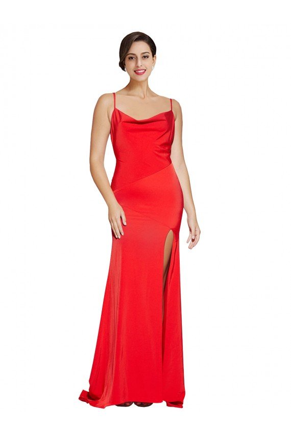 Best Low Back Cowl Neck Stretch Satin Prom Dress with High Side Slit UK