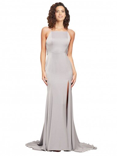 Best High Neck Low Back Long Full Length Stretch Satin Prom Dress UK