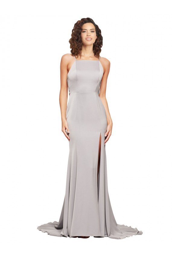Best High Neck Low Back Long Full Length Stretch Satin Prom Dress UK