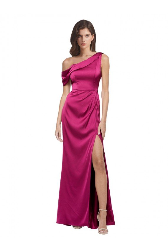 Best Off the Shoulder Short Sleeves Stretch Satin Prom Dress with Side Slit UK