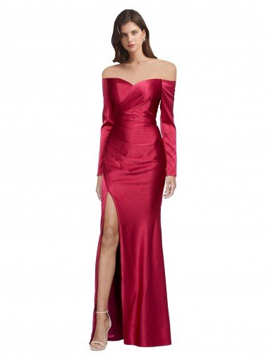 Best Long Sleeves Off the Shoulder Stretch Satin Prom Dress with High Side Split UK