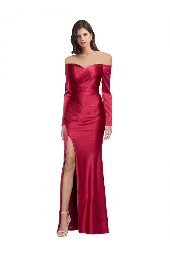 Best Long Sleeves Off the Shoulder Stretch Satin Prom Dress with High Side Split UK