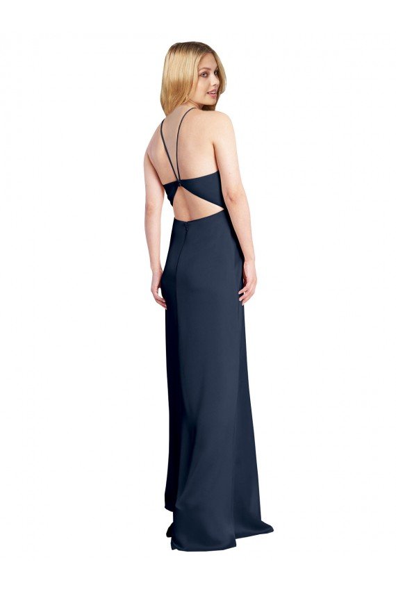 Best Halter Neckline Long Stretch Satin Prom Dress with Strappy Back and Side Slit UK