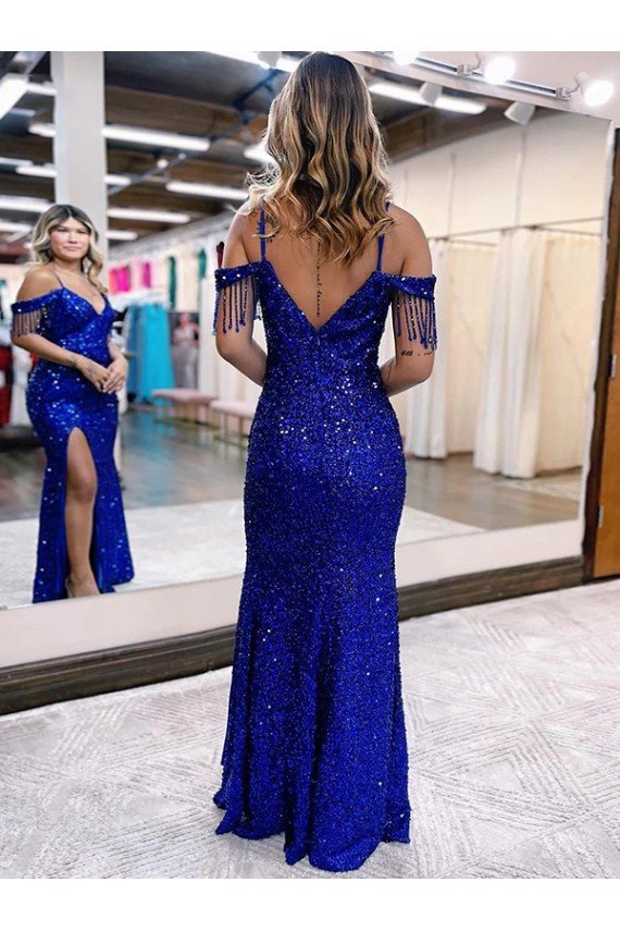 Best Cold Shoulder Sleeveless Long Floor Length Velvet Sequin Prom Dress with Slit UK
