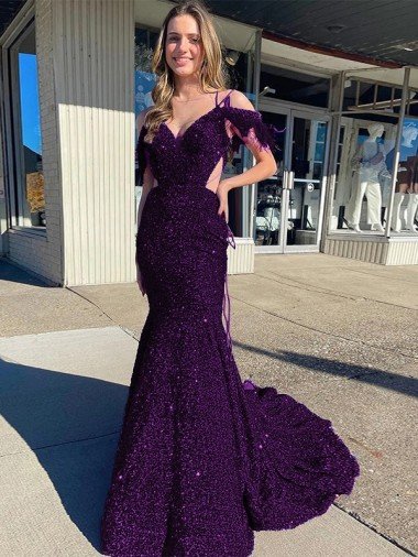 Best Cold Shoulder Sleeveless Long Court Train Velvet Sequin Prom Dress UK