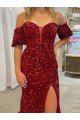 Best Off the Shoulder Short Sleeves Long Floor Length Velvet Sequin Prom Dress with High Slit UK