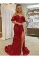 Best Off the Shoulder Short Sleeves Long Floor Length Velvet Sequin Prom Dress with High Slit UK