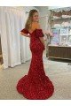 Best Off the Shoulder Short Sleeves Long Floor Length Velvet Sequin Prom Dress with High Slit UK