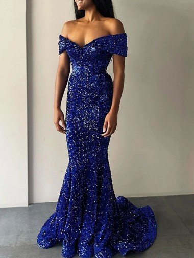 Best Mermaid Off the Shoulder Sleeveless Long Sweep Train Velvet Sequin Prom Dress UK