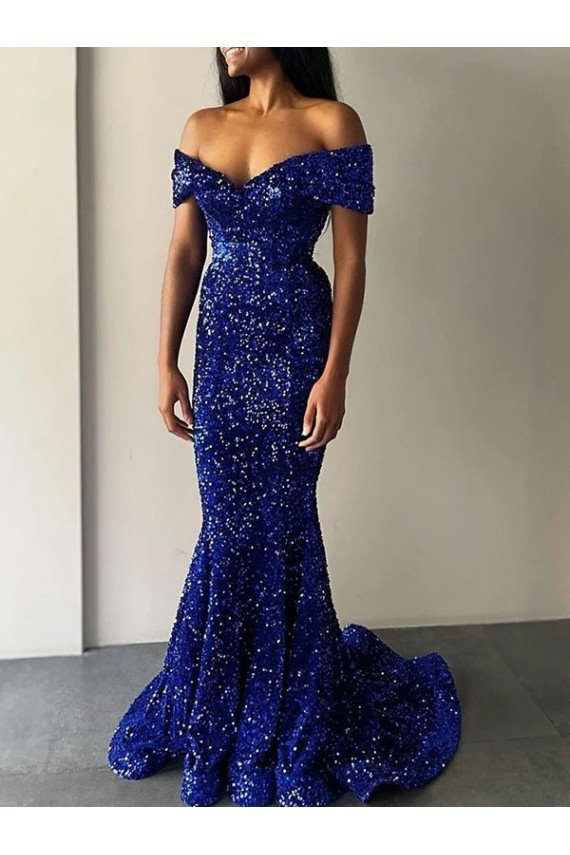 Best Mermaid Off the Shoulder Sleeveless Long Sweep Train Velvet Sequin Prom Dress UK