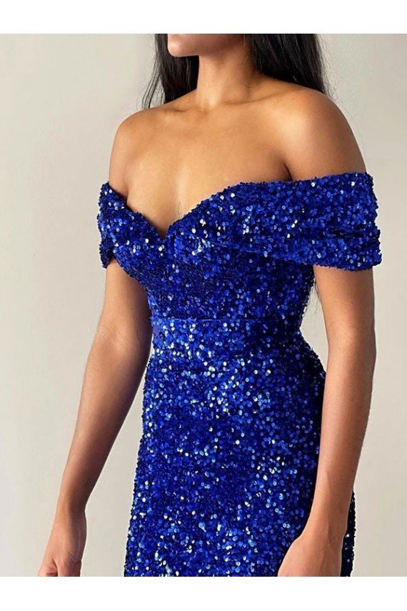 Best Mermaid Off the Shoulder Sleeveless Long Sweep Train Velvet Sequin Prom Dress UK