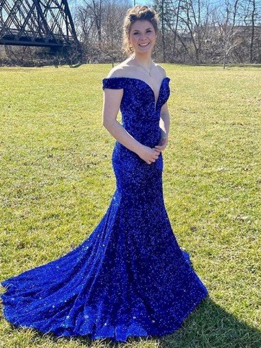 Best Off the Shoulder Sleeveless Long Sweep Train Velvet Sequin Prom Dress UK