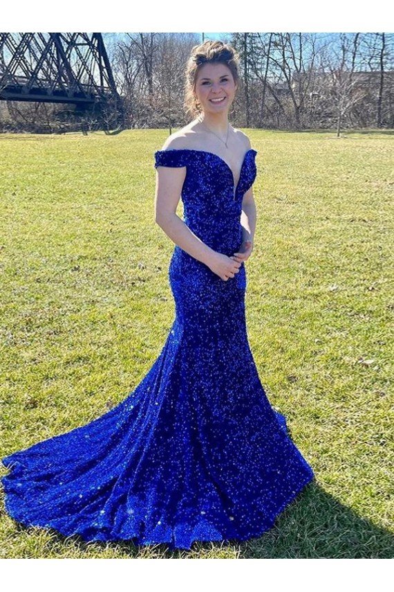 Best Off the Shoulder Sleeveless Long Sweep Train Velvet Sequin Prom Dress UK