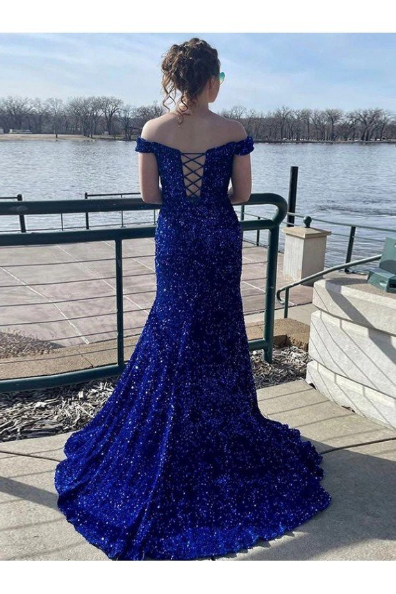 Best Off the Shoulder Sleeveless Long Sweep Train Velvet Sequin Prom Dress UK