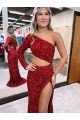 Best Mermaid One Shoulder Long Sleeves Long Sweep Train Velvet Sequin Prom Dress with High Slit UK
