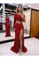 Best Mermaid One Shoulder Long Sleeves Long Sweep Train Velvet Sequin Prom Dress with High Slit UK