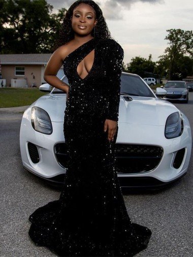 Best One Shoulder Long Sleeves Long Sweep Train Velvet Sequin Prom Dress UK