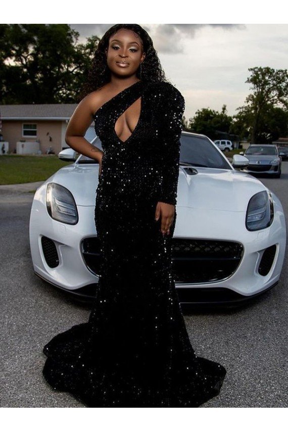 Best One Shoulder Long Sleeves Long Sweep Train Velvet Sequin Prom Dress UK