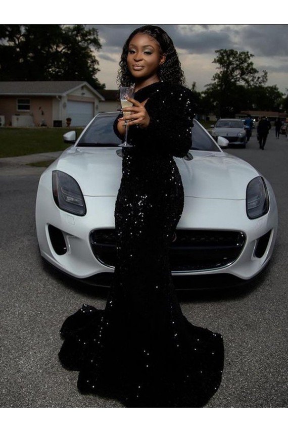 Best One Shoulder Long Sleeves Long Sweep Train Velvet Sequin Prom Dress UK