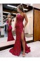 Best Mermaid One Shoulder Sleeveless Long Sweep Train Velvet Sequin Prom Dress with High Slit UK