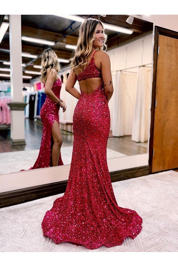 Best Mermaid One Shoulder Sleeveless Long Sweep Train Velvet Sequin Prom Dress with High Slit UK