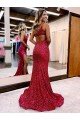 Best Mermaid One Shoulder Sleeveless Long Sweep Train Velvet Sequin Prom Dress with High Slit UK