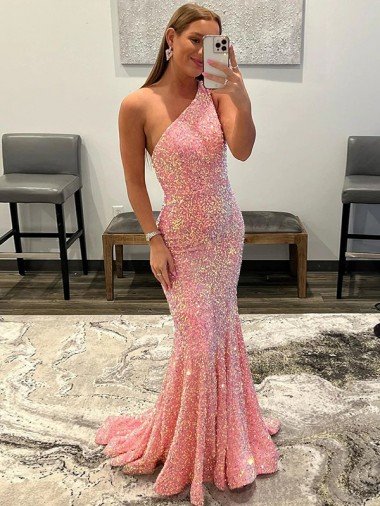 Best Open Back One Shoulder Sleeveless Long Sweep Train Velvet Sequin Prom Dress UK