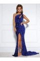 Best Mermaid One Shoulder Sleeveless Long Court Train Velvet Sequin Prom Dress with Slit UK