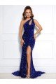 Best Mermaid One Shoulder Sleeveless Long Court Train Velvet Sequin Prom Dress with Slit UK