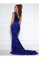 Best Mermaid One Shoulder Sleeveless Long Court Train Velvet Sequin Prom Dress with Slit UK